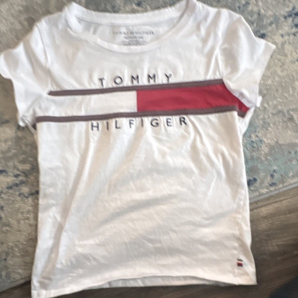 Tommy Hilfiger Girls White Red Logo Stripe Graphic T-Shirt Size M